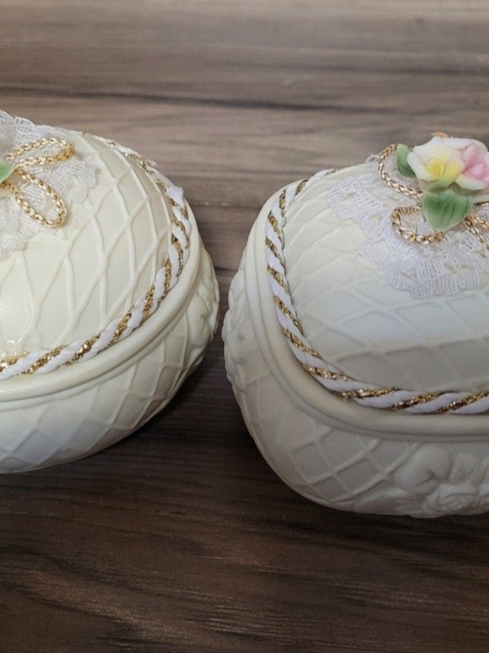 Ivory Ceramic Trinket Boxes with Gold Trim and Pink Floral Accent